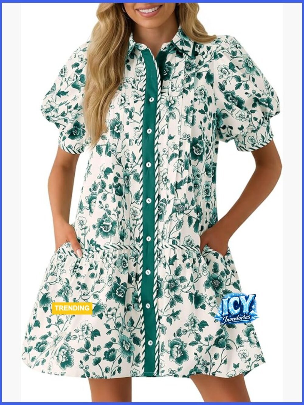 Lightweight Polyester Mini Dress with Puff Sleeves and Pockets